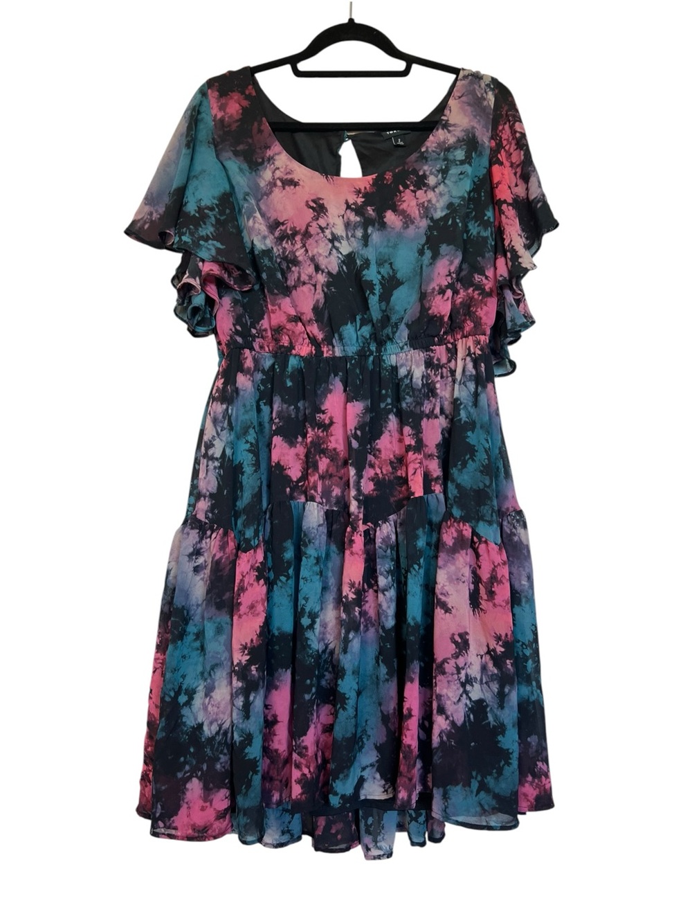 Torrid Size 2 Chiffon Ruffle Skater Dress In A Pink And Blue Tie Dye Print